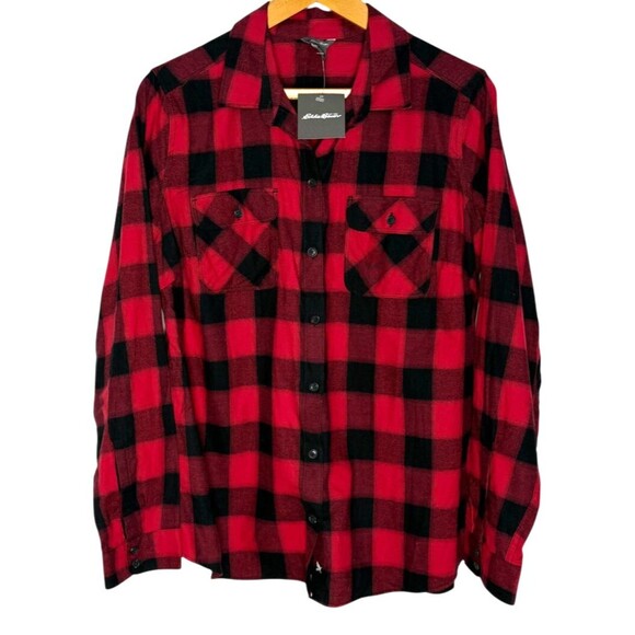Eddie‎ Bauer Women Red Black Button Top Plaid Long Sleeve Pockets Sz Large NWT - Picture 1 of 13